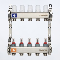 Коллекторный блок из НЕРЖ. стали с регул. клап. и расх., 1"х5 вых. Евроконус 3/4" (без сервис. гр.)