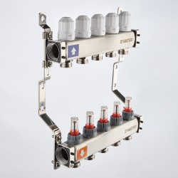 Коллекторный блок из НЕРЖ. стали с регул. клап. и расх., 1"х5 вых. Евроконус 3/4" (без сервис. гр.)